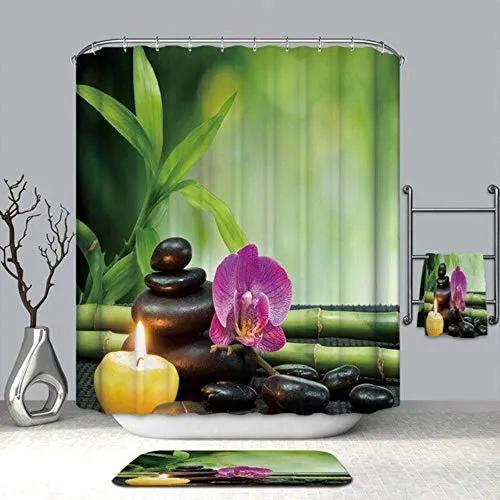 Dodom 3D Tranquil Nature Scene Tende da Doccia Bamboo Stone Flower Impermeabile Muffa Proof Ispessimento Bath Tende per bagno-BK021, W180cm * 180cm