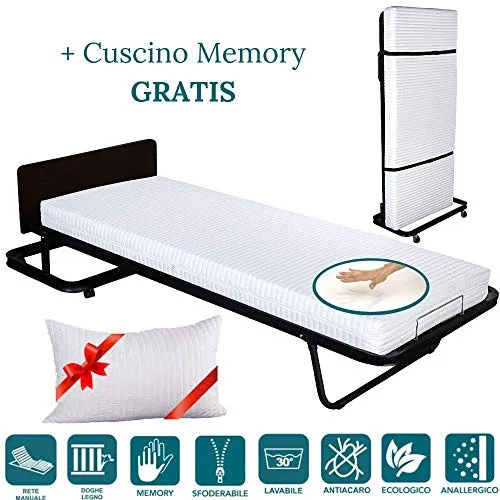 EVERGREENWEB Letto Verticale a Scomparsa con Materasso Memory Foam 80x190 Alto 12 cm + Cuscino Gratis Rivestimento Sfoderabile Rete Singola a Doghe Legno Ortopedica, Brandina Pieghevole Salvaspazio