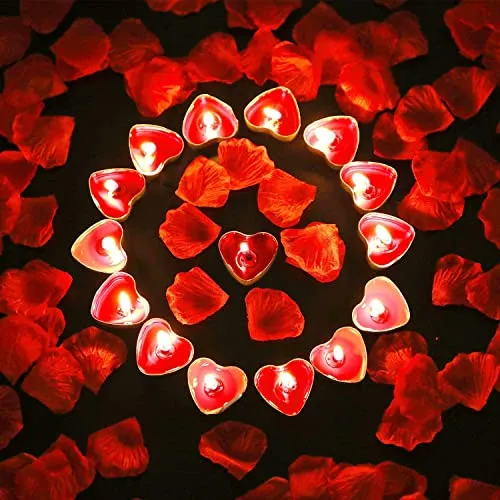 Bdecoll Romantico di Valentine's Day,1000 Petali di Rosa | 50 Candele Rosse a Forma di Cuore Romantiche Piccole Profumate per Eventi Matrimoni Anniversari Cerimonie