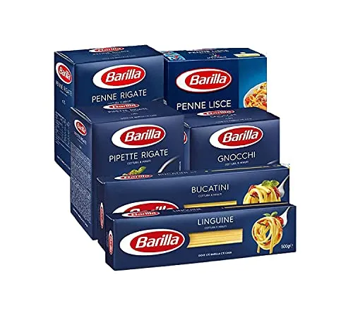 Barilla Pasta Variety Pack, Multipack con 6 tipi - Gnocchi, Penne Lisce, Pipette Rigate, Penne Rigate, Bucatini, Linguine, 6 confezioni da 500 g - 3 kg (Pack 3)
