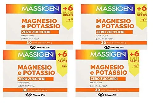 4 x Massigen Magnesio Potassio Zero Zuccheri 30 Buste con Vitamine Stanchezza e Affaticamento