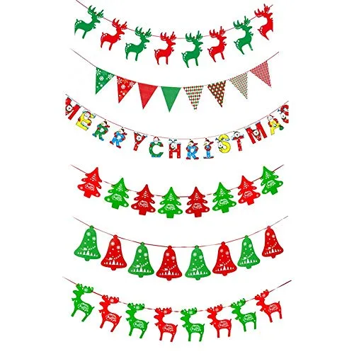 Zueyen - Festoni natalizi con 6 diversi stili di bandierine a forma di pupazzo di neve e alce su entrambi i lati, per la decorazione di Capodanno, per la parete, la finestra, la festa, il Natale
