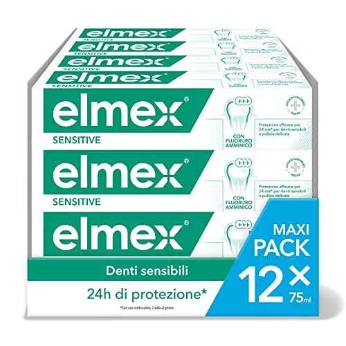 ELMEX Dentifricio Sensitive per Denti Sensibili, Solievo Immediato e Duraturo dalla Sensibilità Dentale, con Fluoruro Amminico, 12x75ml
