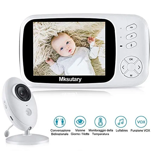 Baby Monitor, Mksutary Baby monitor video,3,5 Inch HD LCD Babyphone, Baby monitor with camera, VOX mode, Visione Notturna, Ninnananna, Monitoraggio Della Temperatura, Comunicazione bidirezionale