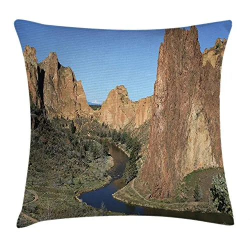 Oregon Throw Pillow Cushion Cover, Crooked River Beneath The Cliffs of Smith Rock State Park Northwest USA, Decorative Square Accent Pillow Case, 18 X 18 Inches, Blue Brown And Green
