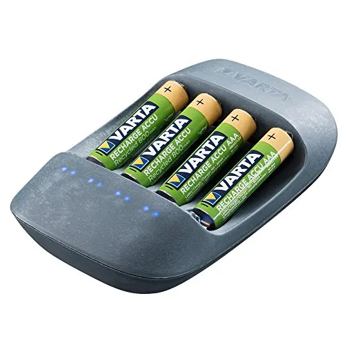 Varta caricabatterie ricaricabili 57680101421, realizzato con 50% di materiale bioplastico, 4 batterie ministilo AAA da 800 mAh incluse