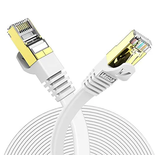 Veetop Cavo Ethernet 10m LAN di Rete Cat 7 Cavi Internet RJ45 Piatto, Velocità 10 Gigabits/s (10 Metri, Bianco)