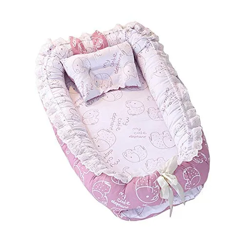 Baby Nest, Enjoyfeel Portatile Breathable Lettino Da Viaggio - 100% Cotone Biancheria Da Letto - Dormire Neonato Culla 0-24 Mesi (Pink elephant)