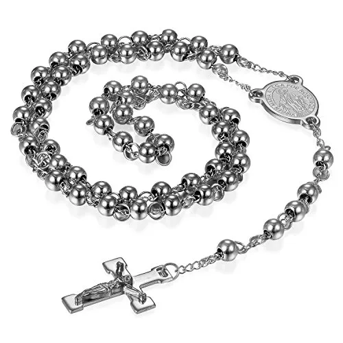 Flongo Collana del rosario ciondolo croce, Collana religiosa in acciaio inossidabile Crocifisso del Signore Gesù Cristo, Catena 60cm argento, Buon regalo di Natale