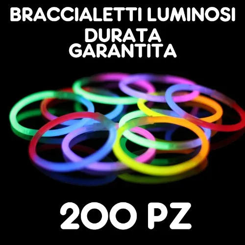 Partylandia Shop- BRACCIALI Braccialetti Luminosi Fluorescenti Starlight Glowstick Disco Glow Stick 200 PZ, Multicolore, 200starlight