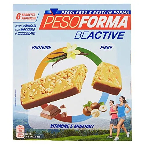 Pesoforma Beactive Vaniglia, Nocciole e Cioccolato - Snack Proteico Sport - 6 barrette proteiche - 112 Kcal