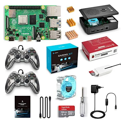 LABISTS Raspberry Pi 4 Model B 4GB RAM Retro Gaming Kit, RPi Barebone, MicroSD 64GB, 2 Controller Gamepad, Alimentatore 5.1V 3A, Micro HDMI, Ventola, Dissipatori di Calore, Lettore di Scheda e Case