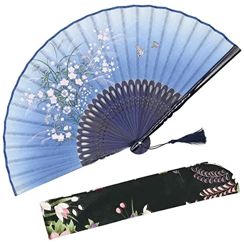 OMyTea - Ventaglio manuale pieghevole “Grassflower”, da donna, in stile rétro vintage cinese/giapponese, con custodia in tessuto per proteggerlo, Blue