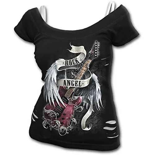 Spiral Direct Rock Angel-2in1 White Ripped Top Black T-Shirt, Nero (Black & White 008), 56 (Taglia Produttore: XX-Large) Donna