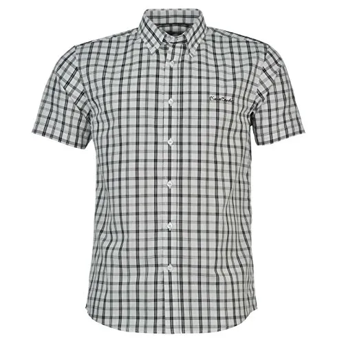 Pierre Cardin – Camicia da uomo a maniche corte con fantasia e chiusura a bottone Weiss/Schwarz Check XL 