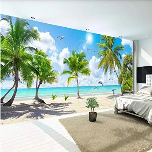 Hwhz Carta da parati 3d pelabile Carta Da Parati Murale Seascape Beach Coconut Landscape Photo Wallpapers Per Pareti Carta Da Parati Murale 3D Blue Sky E Nuvole Bianche -120X100Cm