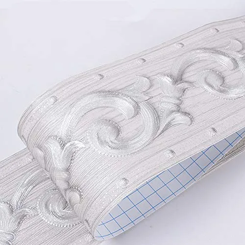 Bordo adesivo da parete rimovibile, motivo 3D, autoadesivo, impermeabile, per cucina e bagno, motivo: Banggo, Silver, 10.6 * 500cm