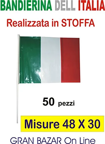 ARDITO MICHELE 50 BANDIERINE Bandiera Italia Italiana Tricolore in Tessuto 48 x 30 cm Poly Lucido Acetato con Asta