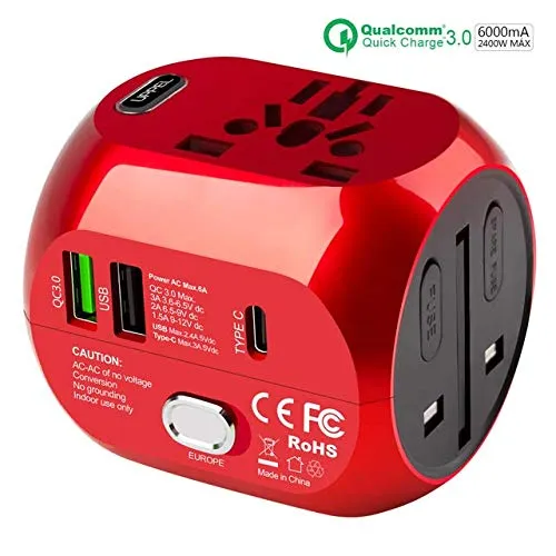 Milool Adattatore Universale da Viaggio con QC3.0 Quick Charge 2 Porte USB 3.0 e 1 Interfaccia Type-C US/EU/UK/AU in One Caricatore Multifunzioni per Oltre 180 Paesi, 2 Fuse (Spare Fuse) -Rosso