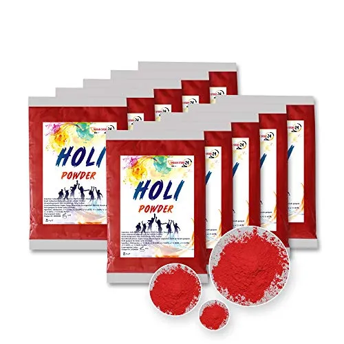 INDIAN STORE 24 10 x Polvere Holi Gulal solubile in Acqua Servizio Fotografico Naturale per Festival Rangoli Colors Sacchetti Color Arcobaleno in Polvere di Foto Scintillanti in Polvere (Red,Rosso)