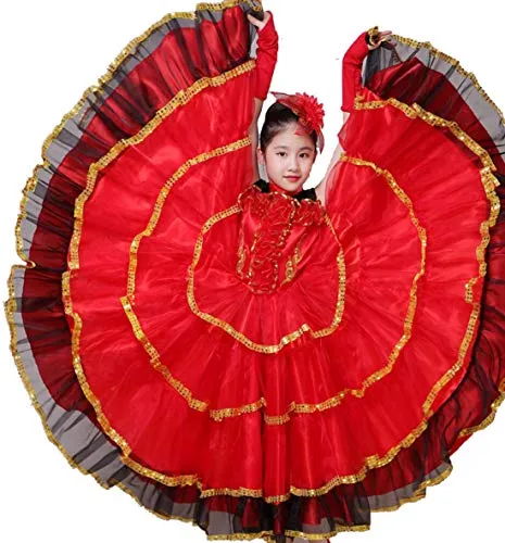 ZYLL Panish Girl Costume Lungo Rosso Flamenco Gonna Ballroom Dance Skirt per i Bambini Ragazze Gonna Danza del Ventre per i Bambini,360°,150CM