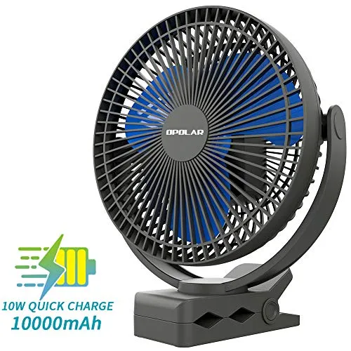 OPOLAR - Ventilatore a Clip da 20 cm a Batteria Ricaricabile da 10000 mAh - Ventilatore Alimentato Via USB, 4 velocità, Clip Portatile Robusta, per Campeggio, Tapis roulant, Scrivania in Ufficio