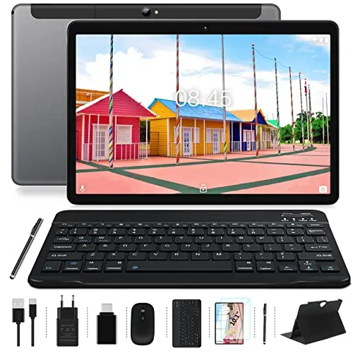 Tablet 10 Pollici Cellulare+WIFI 4GB RAM+64GB ROM (128GB Espandibili) HD Android Pie, 2 SIM Slot| 8000mAh| Dual Fotocamera(5MP+8MP)|Google GMS Certisfied|Bluetooth|GPS| FM, Mouse e Tastiera,Grigio