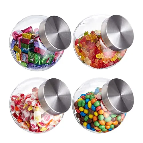 Relaxdays Porta Caramelle, Set da 4, 1,5 L, Barattoli Dolcetti, Alimenti, Confetti, Coperchio Acciaio Inox, Trasparente