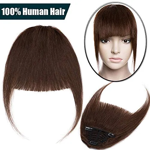 Frangia Clip Capelli Veri Extension Frangetta Fascia Unica Hair Bang Voluminoso 100% Remy Human Hair Lisci Umani Fringe Effetto Naturale 25g #4 Marrone Cioccolato