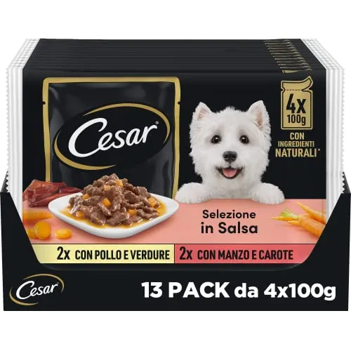 Cesar Le Delizie del Giorno Selezione in Salsa 4 x 100 g, Cibo per Cane, Confezione da 13 Pezzi, 52 buste in totale