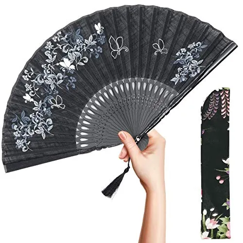Omytea - Ventaglio manuale pieghevole “Morning glory”, da donna, in stile rétro vintage cinese/giapponese, con custodia in tessuto per proteggerlo, Black