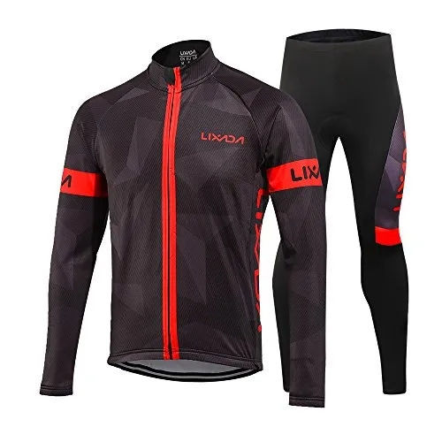 Lixada Completo Ciclismo Abbigliamento Set Uomo Inverno Termico Vello Maniche Lunghe Antivento Ciclismo Maglia Lunga e Pantaloni (Nero Rosso, XXL(EU),(185-190cm,85-95kg))