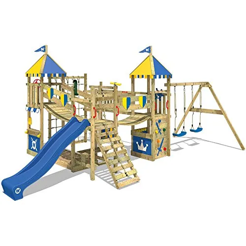 WICKEY Parco giochi in legno Smart Queen Giochi da giardino con altalena e scivolo blu, Torre d'arrampicata da esterno con sabbiera e scala di risalita per bambini