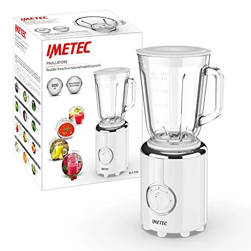 Imetec BL4 500 Frullatore, Lame tritaghiaccio in acciaio inox, Bicchiere da 800 ml in vetro, 2 velocità con Pulse, Coperchio dosa liquidi, 300 W, fino a 21.000 giri/min