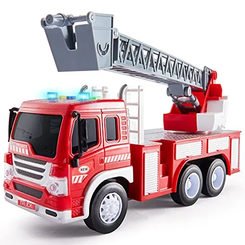 HERSITY Camion Pompieri Giocattolo Grande, Giochi Vigili del Fuoco con Luci e Suoni, Scala Retrattile, 1/16 Camioncino con Macchinine per Bambini Maschio 3 4 5 Anni