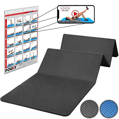 POWRX Tappetino da Ginnastica Pieghevole 100% PVC Free/Ideale per Eseguire Esercizi di Ginnastica, Yoga o Pilates/Dimensioni: 180 x 60 x 1,5 cm (Nero)