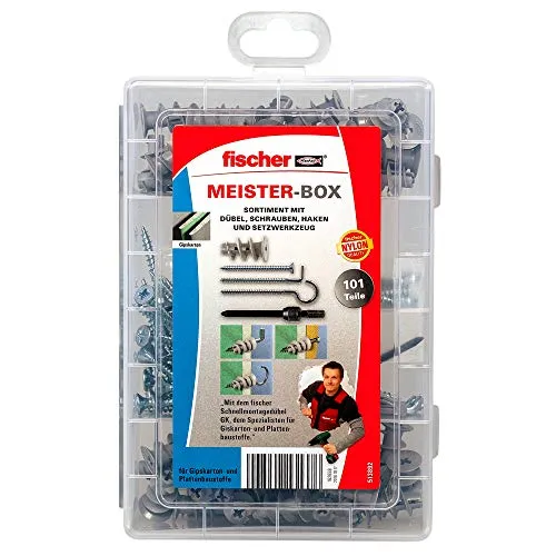 Fischer Meister Box Scatola con tasselli per cartongesso + viti + ganci, contenuto: 50 pezzi, 1 utensile, 38 pezzi 4,2 x 35, 6 ganci ad angolo 4,2 x 40, 6 ganci rotondi 4 x 46, 513892