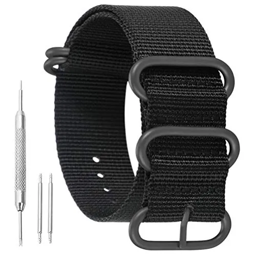 23 millimetri in un unico pezzo cinturini per orologi stile NATO nylon Perlon degli uomini nero strisce di tessuto