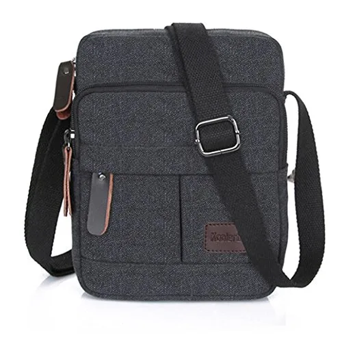 Koolertron Borsa a Tracolla da Uomo in Tela, Tracolla Lunga Classica con Zip Piccola e Leggera per iPad Mini (17.5x21x10 cm, Nero)