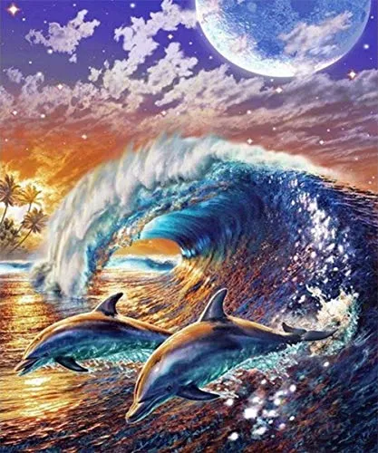 3D DIY Pittura del Diamante da Parete, Diamante Pittura 5D Fai da Te, Quadrato Full Drill Mosaico Kit Ricamo Resina Strass Punto Croce Arte Motivo Tela Decorazione Pareti Wave Dolphins 50x70cm