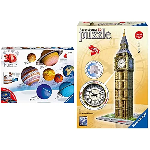 Ravensburger 11668 Il Sistema Planetario 3D Puzzleball, 540 Pezzi, Multicolore, 8 Pianeti, Eta Raccomandata 6+ & Italy Puzzle 3D Big Ben Con Orologio Funzionante, Multicolore, 12586