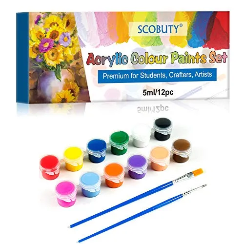 SCOBUTY Pittura Acrilica, Colori Acrilici, Vernice Acrilica per Dipingere a Colata su Tela, Vetro, Carta, Legno, Ceramica e Sassi, 5ml/12Pezzi+2 Pennelli Pittura