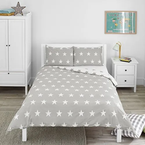 Bloomsbury Mill Set Copripiumino e Cuscini per Letto Matrimoniale per Bambini - Set Copripiumino e federe reversibili per Bambini, 200 x 200 cm, Grigio/Bianco, Completo Copripiumino Matrimoniale