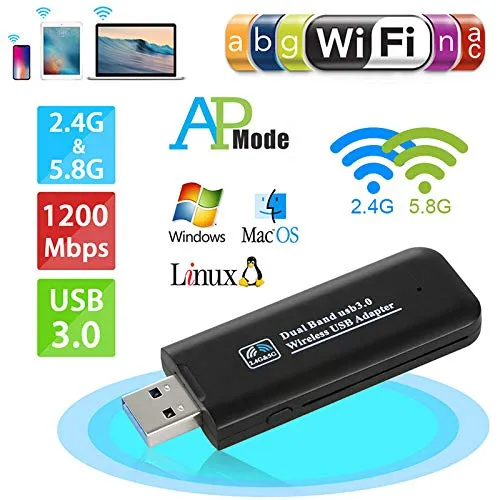 Adattatori WiFi Scheda di Rete Wireless USB 3.0 WiFi Dongle 1200Mbps Dual Band 2.4GHz/5.8GHz per PC Portatile Windows 10/7 / 8.1/8 / Vista/Mac OS X/Linux Mini Size