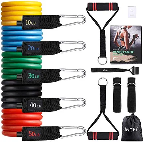 INTEY Set di Fasce di Resistenza - 5 Bande di Resistenza, Fino a 68 kg (150 lbs), in Lattice con Maniglie, Gancio per la Porta/Cavigliere, Anti-Strappo, per Attrezzi Da Fitness, Yoga, Pilates