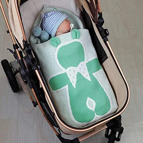 HLSUSAN Coperta per Neonato 80 x 100 cm Copertina Neonato Lana Uncinetto con Carino Orecchie Orso 100% Cotone Morbido Estivo Lenzuola Carrozzina Neonato Copertine Regalo per Ragazzi Ragazze,Verde