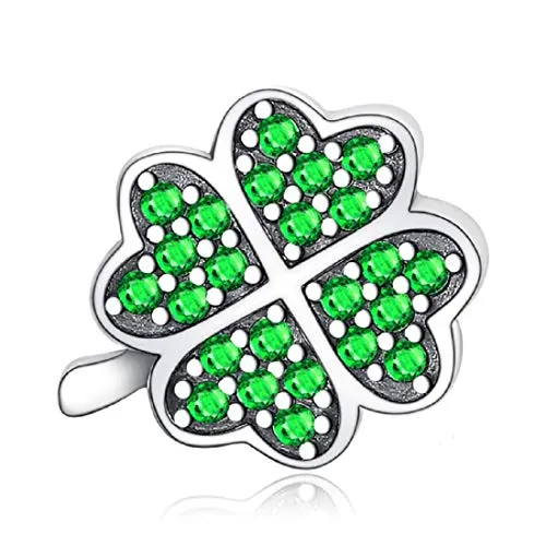 Featherwish ciondolo a forma di quadrifoglio portafortuna in argento Sterling 925 con zirconi verde per braccialetti Pandora