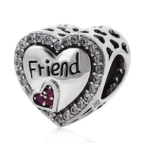 Charm dell'amicizia a forma di cuore in argento Sterling 925, con la scritta in lingua inglese "Friend", per braccialetti Pandora A