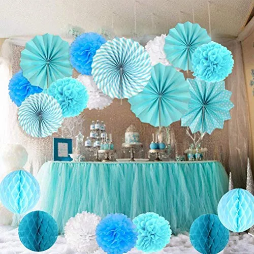 BUYGOO 21pz Fiori di Carta Crespa Fiori di carta Decorativi Baby Shower Boy Decorazioni Pom Pom Carta Velina a Nido D'Ape Fiori di Carta Decorativi Pon Pon Carta Velina Decorazione per Festa Blu