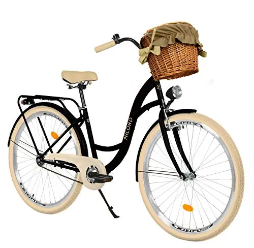 Milord. Bicicletta Comfort Nero e Crema a 1 velocità da 28 Pollici con cestello e Marsupio Posteriore, Bici Olandese, Bici da Donna, City Bike, retrò, Vintage